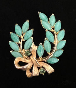 STUNNING VTG Brooch Double Branches Blue Striped Stone Leaves Green Crystal